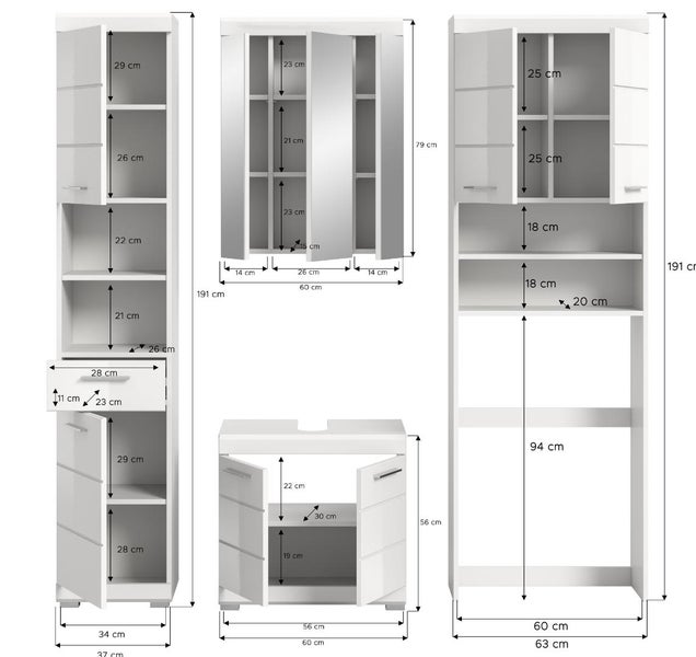 Maßzeichnung Badezimmermöbel-Set in Weiß mit Hochschrank, Spiegelschrank, Waschbeckenunterschrank und Waschmaschinenumbau in Zentimeter.