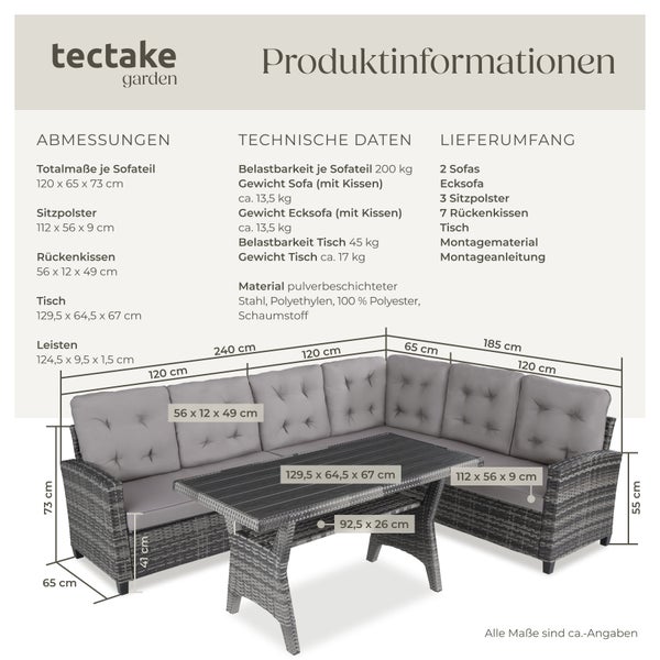 Rattan Lounge tectake Catania Tisch mit Schraubfüßen für 6 Personen grau