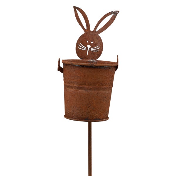 Gartenstecker Hase im Eimer aus Metall in Edelrost-Optik