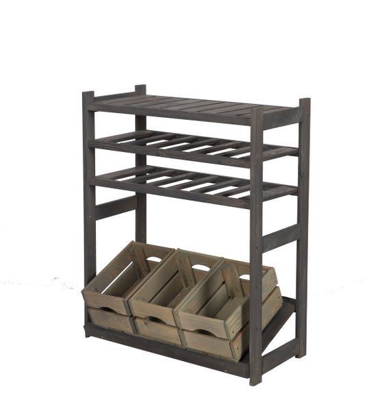 PROREGAL Getränkekisten- & Weinregal SPREEWALD HxBxT 86x70x33cm 12 Flaschen auf 2 Ebene + 1 Ebene für Kisten + Ablage Massives Kiefernholz Grau geölt