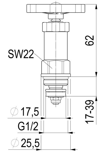 Technische Zeichnung eines Ventil-Oberteils mit Maßangaben: G 1/2 Zoll Gewinde, Schlüsselweite 22 und einer Gesamthöhe von 62.