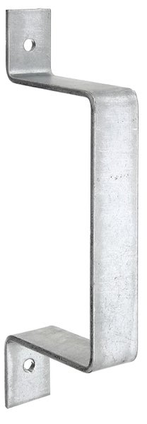 Ein verzinkter U-Bügel aus Metall für die Wandmontage mit zwei Befestigungslöchern.