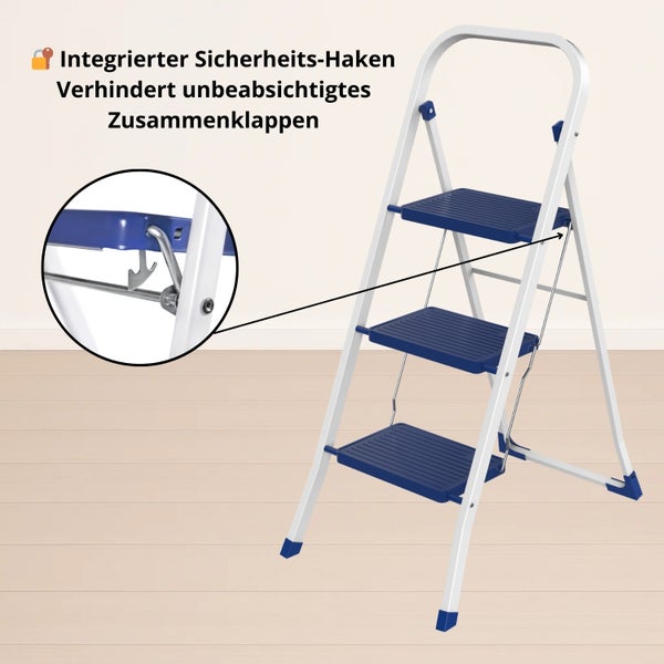 Weiße Haushaltsleiter mit drei Stufen und Sicherheitsverschluss