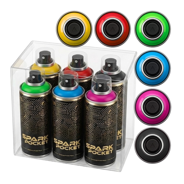 Set mit sechs Spark Pocket Sprühdosen in verschiedenen Farben in einer transparenten Aufbewahrungsbox.