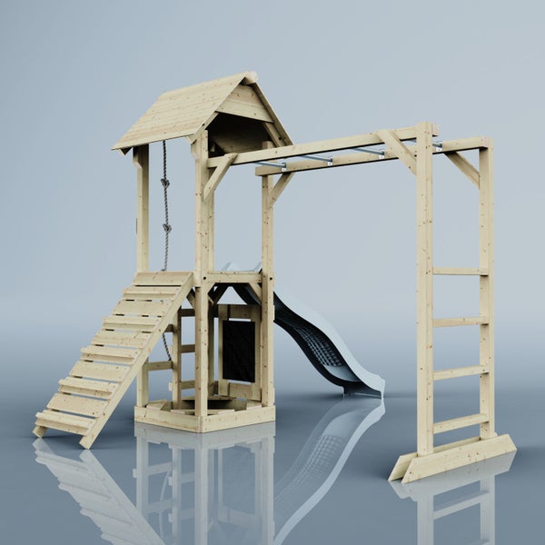 Spielturm aus Holz mit Rutsche, Leiter und Kletterseil