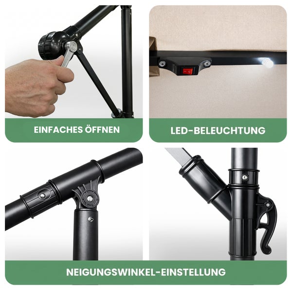 Sonnenschirm-Details: Kurbel zum Öffnen, LED-Beleuchtung mit Schalter und Gelenke für die Neigungswinkel-Einstellung.
