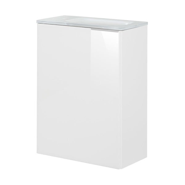 Hängender Waschbeckenunterschrank mit einer Tür und einer Waschschale auf der Oberseite.