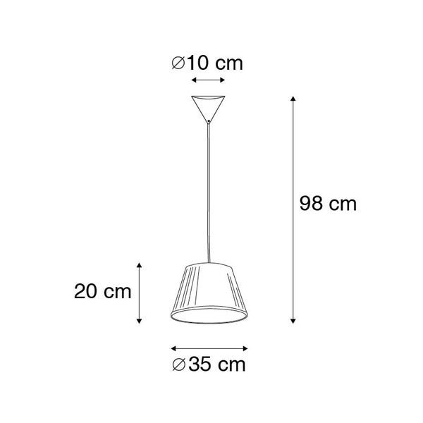 Maßskizze einer Pendelleuchte: Gesamthöhe 98 Zentimeter, Schirmhöhe 20 Zentimeter, Durchmesser 35 Zentimeter, Baldachin 10 Zentimeter.