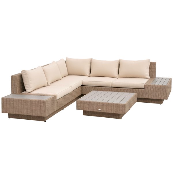 L-förmiges Garten-Lounge-Set aus Geflecht mit hellen Polstern, integrierten Seitentischen und einem passenden Couchtisch.