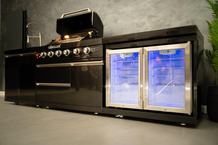 GORILLER® BLACKBACK M6 Outdoor-Küche, Gasgrill mit Doppel-Kühlschrank und Waschbecken, Edelstahl, Schwarz