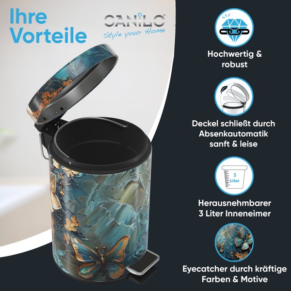 Treteimer mit blauem und goldenem Schmetterlingsmotiv