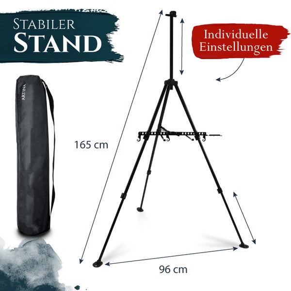 Artina Staffelei mit Tasche, höhenverstellbar, 165 cm hoch und 96 cm breit, für einen stabilen Stand beim Malen.