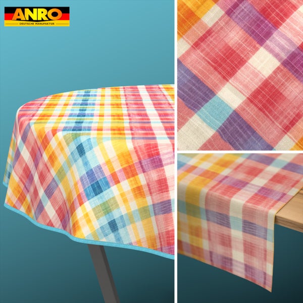 ANRO Logo. Karierte Tischdecke aus Wachstuch mit buntem Karomuster und blauem Rand, Detailaufnahme der Textur und Ansicht auf einem Tisch.