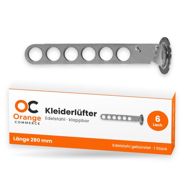 Klappbarer Kleiderlüfter aus gebürstetem Edelstahl mit 6 Löchern, 280 Millimeter Länge, inklusive Verpackung von Orange Commerce.
