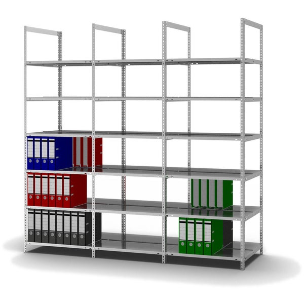 PROREGAL Aktenregal Schraubsystem Grundregal HxBxT 220 x 75 x 60 cm 6 Ebenen Fachlast 90 kg Ohne Deckboden Beidseitig Nutzbar Verzinkt