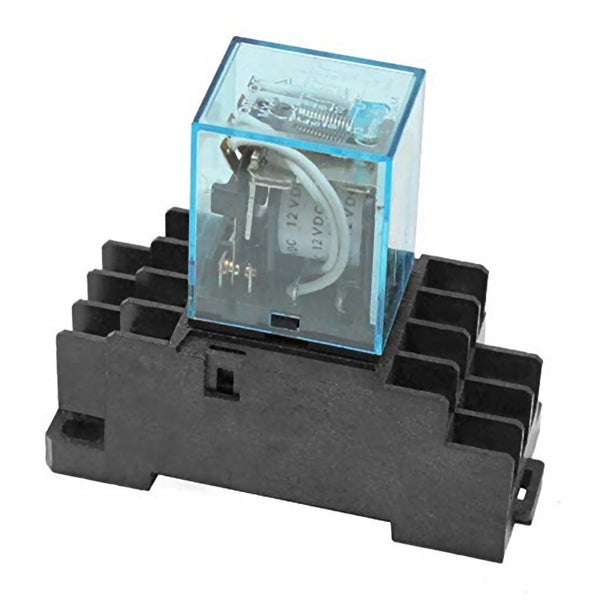 Elektromagnetisches Relais mit 12 Volt Gleichspannung auf einem schwarzen Relaissockel.