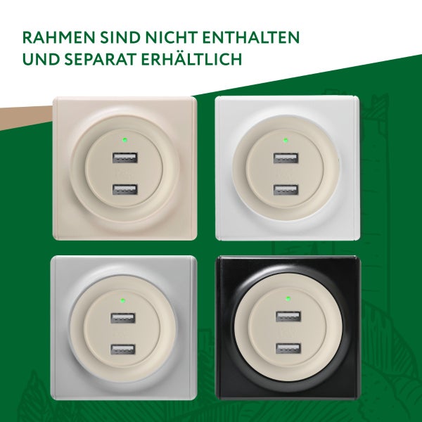 Vier USB Steckdosen Einsätze mit zwei Anschlüssen und Kontrollleuchte, Rahmen sind separat erhältlich.
