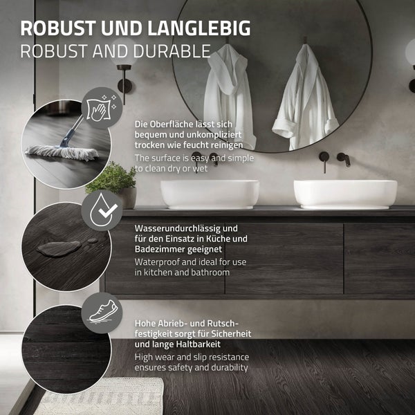 ML-Design Deluxe PVC Bodenbelag, Selbstklebende Vinyl-Dielen, Vinylboden, 91,5 cm x 15,3 cm x 2 mm, Dicke 2mm, 4,46m²/32 Dielen, Eiche Dunkelgrau, Holzoptik, rutschfest, wasserfest, Einfache Verlegung