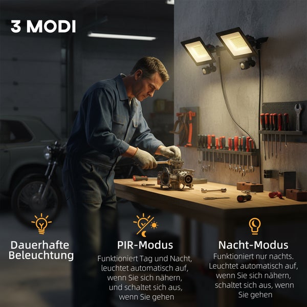 LED-Fluter mit Bewegungsmelder beleuchten eine Werkstatt. Es gibt drei Modi: Dauerlicht, Tag- und Nacht-Modus sowie reiner Nacht-Modus.