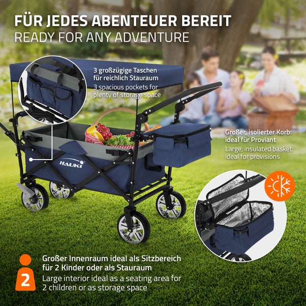 Hauki Bollerwagen XXL faltbar mit Dach & Tasche, Blau-Grau, Handwagen klappbar zum Schieben & Ziehen, Transportwagen für Kinder, 360° drehbare Vorderräder, PU Räder mit Bremsen, Transportkarre 120 kg