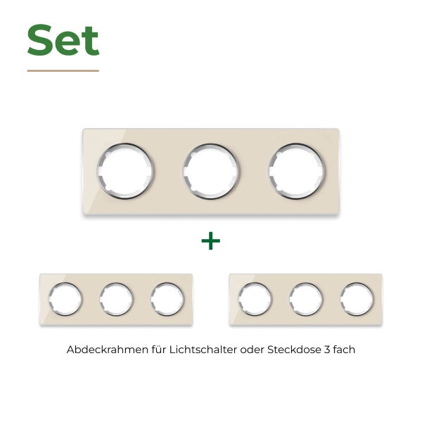 Set mit drei dreifachen Abdeckrahmen für Lichtschalter oder Steckdosen aus Kunststoff