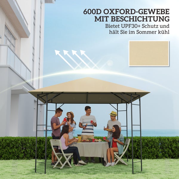 Beiger Gartenpavillon aus beschichtetem 600 Denier Oxford-Gewebe mit Ultraviolett-Schutz 30 plus über einer Personengruppe im Garten am Meer.