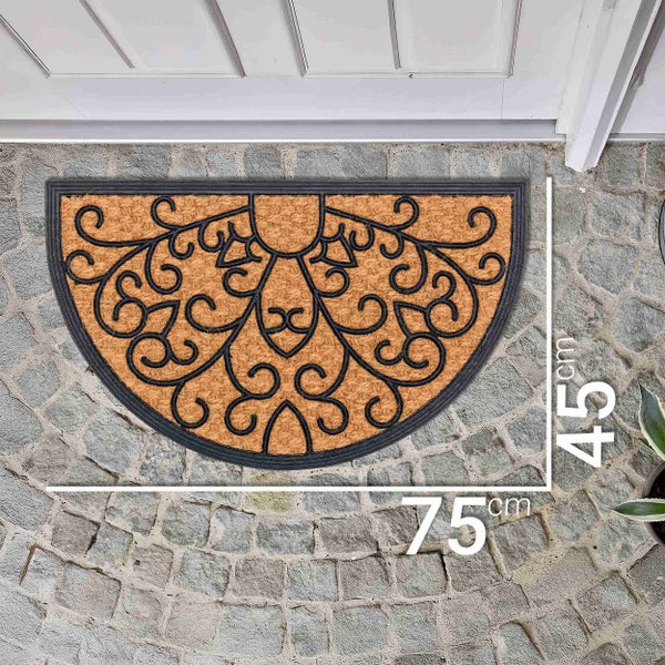 Halbrunde Fußmatte aus Kokosfaser mit Ornamenten, Maße 45 x 75 cm