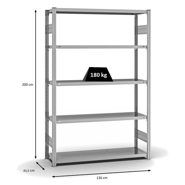 PROREGAL Fachbodenregal Stecksystem T-Profil Light-Duty Grundregal HxBxT 200 x 130 x 40 cm 5 Ebenen Fachlast 180 kg Beidseitig Nutzbar Verzinkt