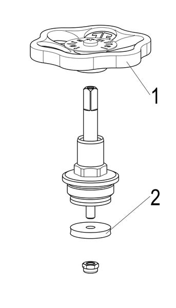Explosionszeichnung eines Ventiloberteils mit markiertem Handrad 1 und Dichtung 2 als Ersatzteil für Wasserarmaturen