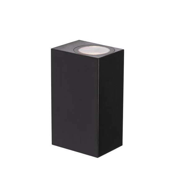 Rechteckige Außenwandleuchte in Schwarz aus Metall mit einem Lichtaustritt oben.