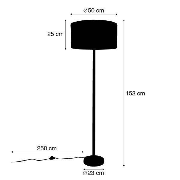 Technische Zeichnung einer Stehlampe mit Maßen für Höhe, Schirmdurchmesser, Fußdurchmesser und Kabellänge.