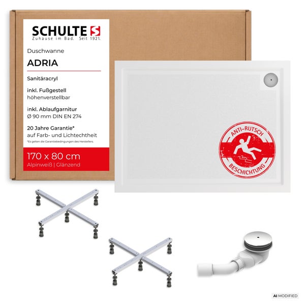 Schulte Duschwanne Adria 170 mal 80 Zentimeter aus Sanitäracryl mit Antirutschbeschichtung, Fußgestell und Ablaufgarnitur in einer Verpackung.