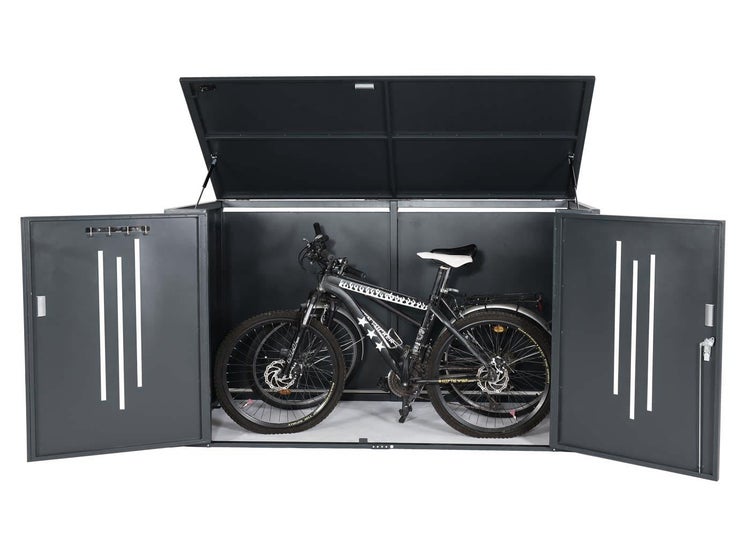 Fahrradbox aus Metall für zwei Fahrräder mit geöffnetem Deckel und weit geöffneten Türen.