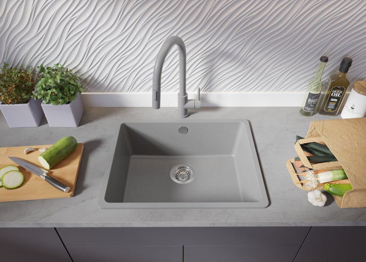 PRIMAGRAN Spülbecken Grau 56x44cm, Granitspüle 1 Becken + Ablauf-Set, Küchenspüle ab 60er Unterschrank - Venedig Slim Easy
