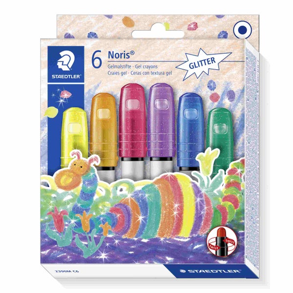 Staedtler Noris Glitter Gelmalstifte, 6 Stück, verschiedene Farben, mit Drehfunktion und Staedtler Logo.