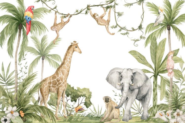 Illustration einer Dschungelszene mit Tieren und Pflanzen