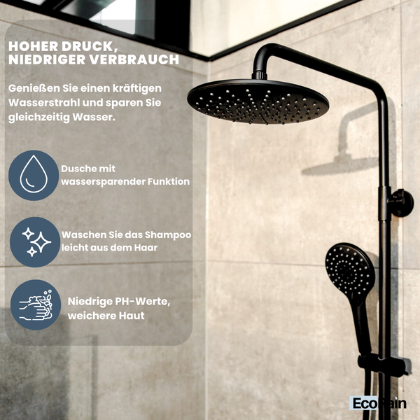 EcoRain 30% Wassersparender Regendusch-Duschset Glenn 23 CM mit Thermostatarmatur - Handbrause 12 CM - Hoher Druck - Universell - Anti-Kalk Duschkopf - Schwarz