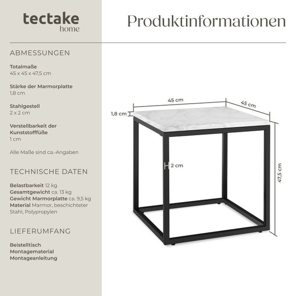 Produktinformationen Beistelltisch mit Marmorplatte und Stahlgestell inklusive Maßangaben