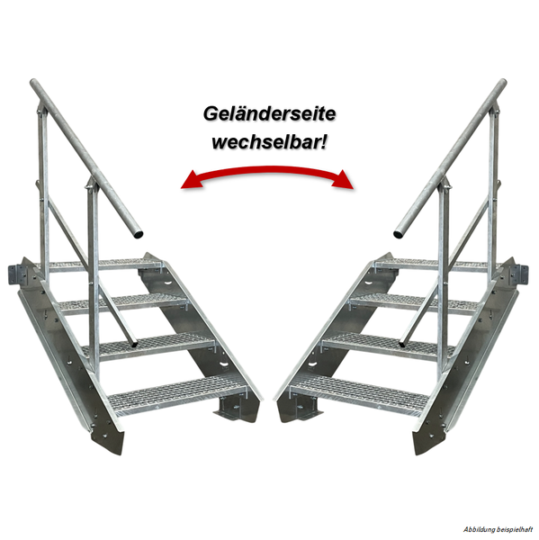 Außentreppe aus verzinktem Stahl mit 4 Gitterroststufen und Geländer, das links oder rechts montiert werden kann.