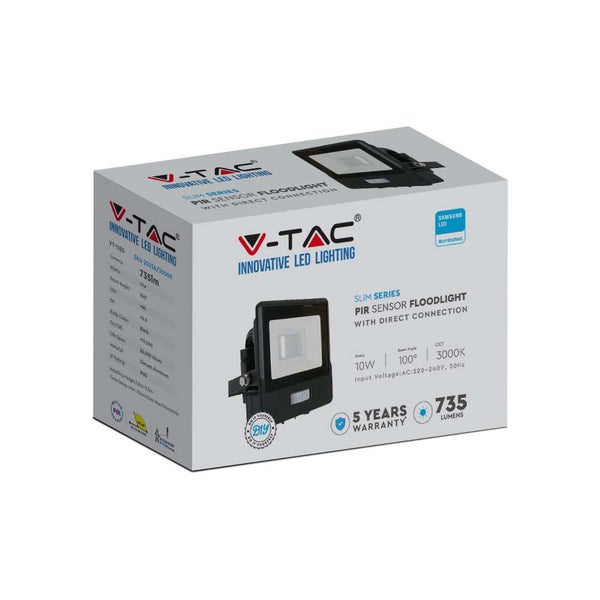 V-TAC Logo auf einer Verpackung für einen LED-Flutlichtstrahler mit Bewegungssensor
