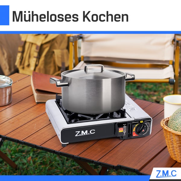 Z.M.C Edelstahl Campingkocher Gaskocher 1 Flammig + Aufbewahrungskoffer + 8x Gaskartuschen 227g für Indoor/Outdoor | Wärmeleistung: 2,2KW  Piezozündung Kartuschenkocher