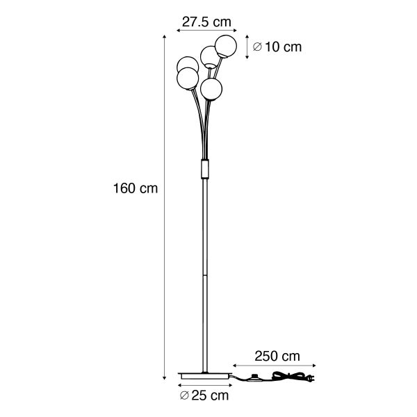 Abmessungen einer Stehlampe mit kugelförmigen Lampenschirmen: 160 cm Höhe, 27,5 cm Breite, 10 cm Durchmesser der Kugeln, 25 cm Durchmesser des Lampenfußes und 250 cm Kabellänge.