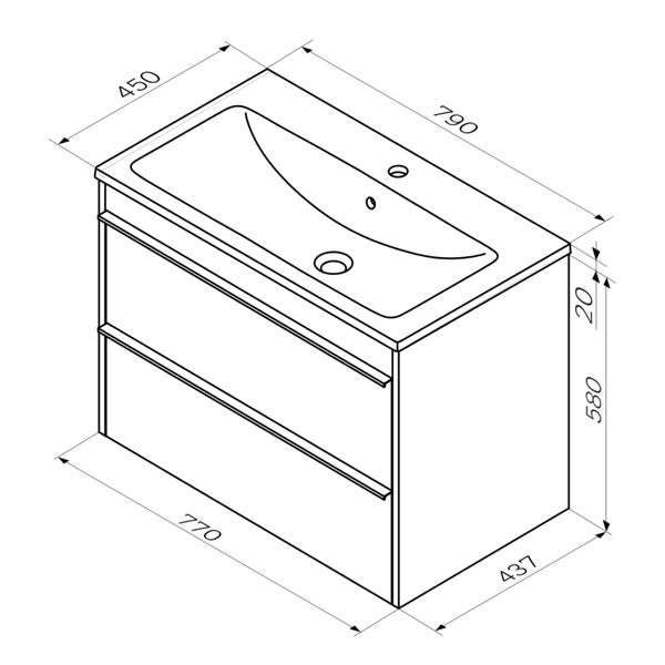 Technische Zeichnung eines Waschtischunterschranks mit den Maßen 790 x 450 x 580 mm