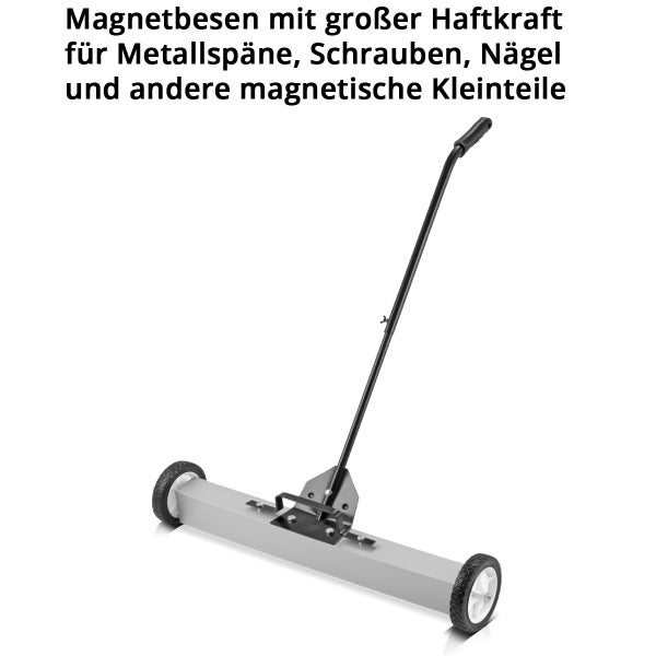 Magnetbesen zum Aufsammeln von Metallspänen, Schrauben und Nägeln mit zwei Rädern und langem Stiel.