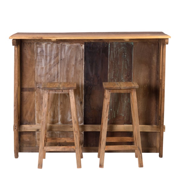 Barschrank-Set Aruba 3-tlg. Massivholz, mit 2 Barhockern, 12er Flaschenregal und Gläserschienen naturfarben