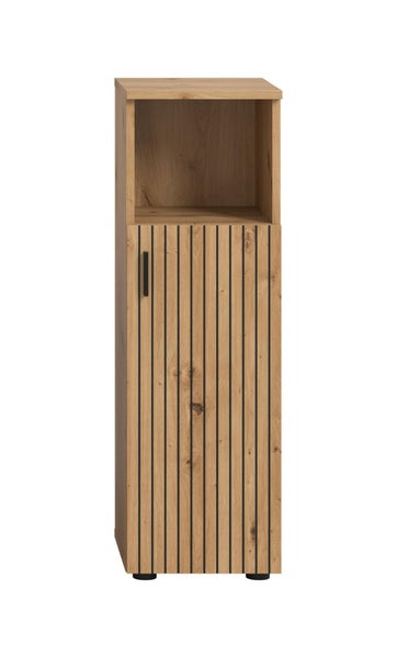 Hoher Badschrank in Eichenoptik mit einem offenen Fach und einer Tür mit vertikalen schwarzen Streifen und schwarzem Griff.
