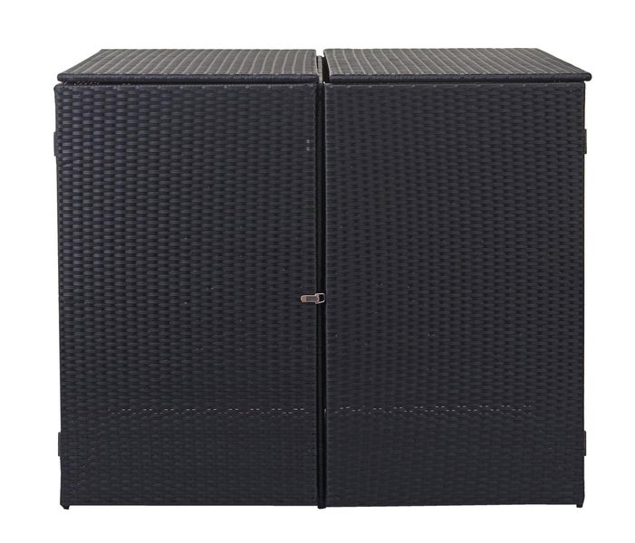 Zweifache Mülltonnenbox aus Polyrattan-Geflecht mit geöffneter Tür und Deckel sowie verschiedenen Materialmustern.