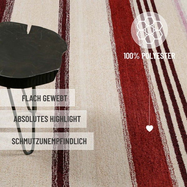 Flachgewebter Teppich aus 100 Prozent Polyester mit Streifenmuster, schmutzunempfindlich, neben einem schwarzen Beistelltisch.