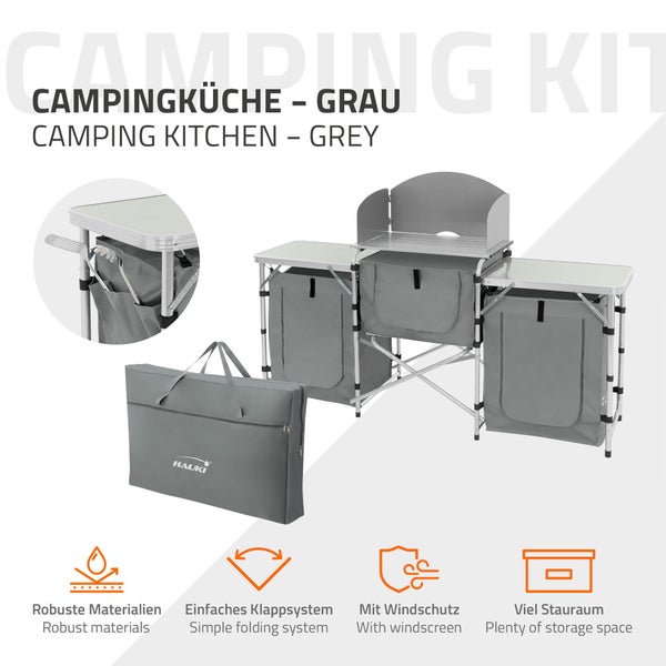 Hauki Camping Küche, Grau, Campingschrank faltbar mit Tragetasche, Reiseküche mit Windschutz, Küchenschrank mit Arbeitsplatte, Staufächern, Alu Outdoorküche, Küchenbox klappbar, Zeltschrank tragbar