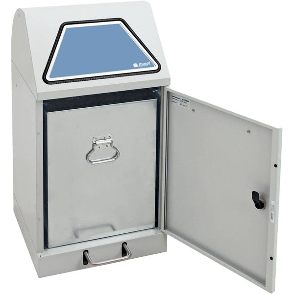 Müllbehälter mit Metalleinsatz und geöffneter Tür